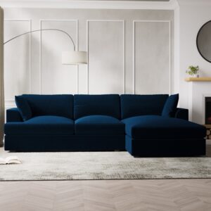 Large Navy Velvet Right Hand 4 Seater Chaise Corner Sofa - August