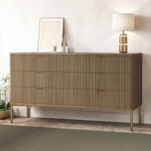Wide Dark Wood Ribbed Chest of 6 Drawers - Valencia