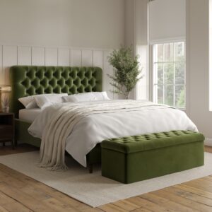 Olive Green Velvet King Size Ottoman Bed with Matching Blanket Box - Pippa