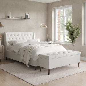 Cream Upholstered Double Ottoman Bed with Blanket Box - Amara