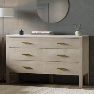 Wide Solid Wood Marble Top Chest of 6 Drawers - Alessio