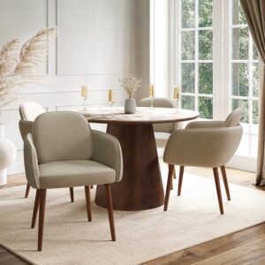Neutral Ceramic Round Walnut Dining Table Set with 4 Taupe Upholstered Chairs - Seats 4 - Malia