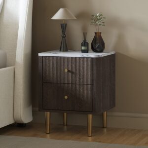 Dark Wood 2-Drawer Marble Top Fluted Bedside Table - Lucia