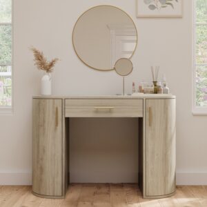 Light Wood Large Dressing Table with Storage Drawer and Shelves - Lily
