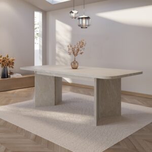 Beige Marble Effect Pillar Extendable Dining Table - Seats 6 - 8 - Geneva