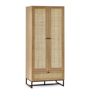 Rattan Rustic 2 Door Double Wardrobe with Drawer - Padstow - Julian Bowen