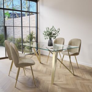 Glass Dining Table Set with 4 Mink Velvet Chairs - Seats 4 - Dax