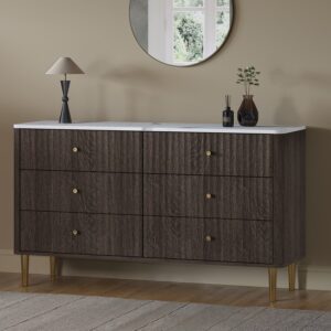 Wide Dark Wood Marble Top Fluted Chest of 6 Drawers - Lucia