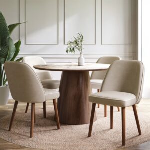 Neutral Ceramic Round Walnut Dining Table Set with 4 Taupe Upholstered Chairs - Seats 4 - Malia