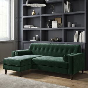 Green Velvet Left Hand 3 Seater Small Chaise Corner Sofa - Idris