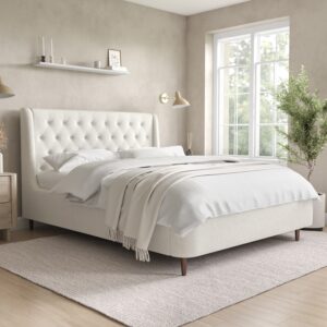 Cream Upholstered King Size Ottoman Bed with Legs - Amara