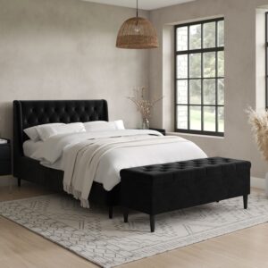 Black Velvet Double Ottoman Bed with Blanket Box - Amara