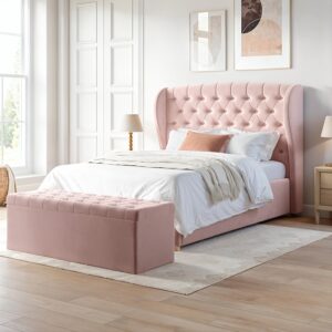 Pink Velvet King Size Ottoman Bed with Blanket Box - Safina