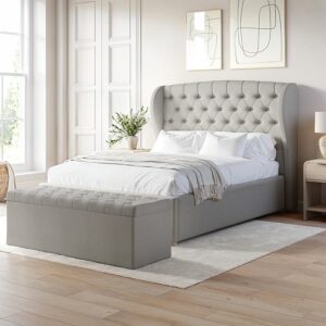 Grey Upholstered King Size Ottoman Bed with Blanket Box - Safina