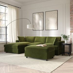 Left Hand Chaise Corner Sofa and Footstool Set in Green Velvet - August