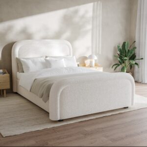 Off-White Boucle King Size Ottoman Bed with Curved Headboard - Naomi