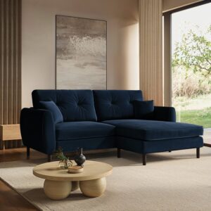Navy Blue Velvet Reversible 3-Seater Chaise Corner Sofa - Nolen