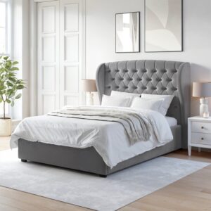 Grey Velvet Double Ottoman Bed with Winged Headboard - Safina