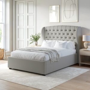 Grey Upholstered King Size Ottoman Bed with Winged Headboard - Safina