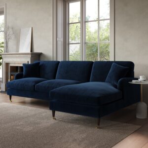 Navy Velvet Left Hand Facing 4 Seater Chaise Corner Sofa - Payton
