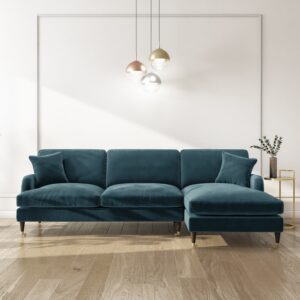 Blue Velvet Right Hand Facing 4 Seater Chaise Corner Sofa - Payton