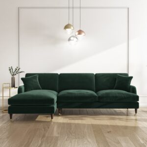 Dark Green Velvet Right Hand Facing 4 Seater Chaise Corner Sofa - Payton