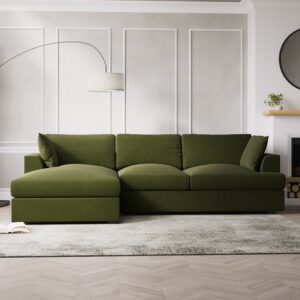Olive Green Velvet Left Hand 4 Seater Chaise Corner Sofa - August