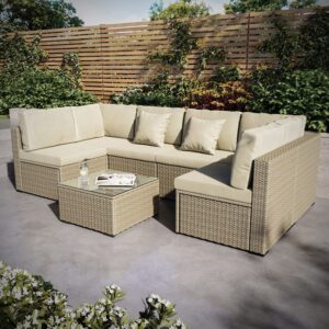 6 Seater Neutral Rattan Modular Garden Set with Beige Cushions and Coffee Table - Como