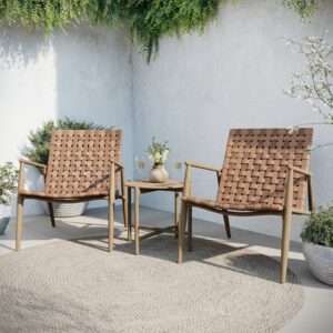 Wood Effect Aluminium Bistro Set with Rattan Woven Seat and Round Glass Table – Fortrose