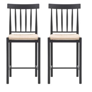 Set of 2 Navy Solid Oak Kitchen Stools with Woven Seats - Eton - Caspian House