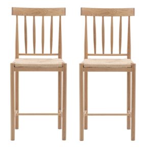 Set of 2 Natural Solid Oak Kitchen Stools with Woven Seats - Eton - Caspian House