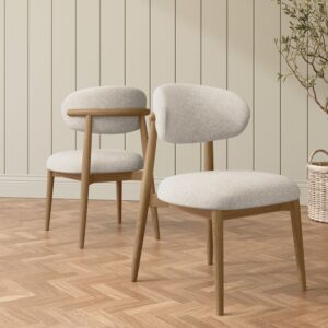 Beige Upholstered Curved Dining Chair with Solid Rustic Oak Open Back - Kori