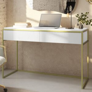White and Gold Ribbed Desk with Drawers - Larsen