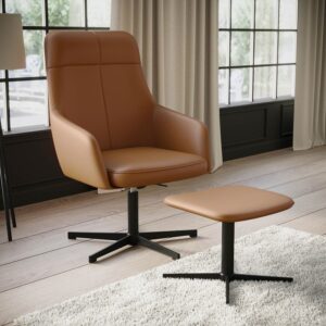 Tan Faux Leather Swivel Recliner Armchair with Footstool - Mila