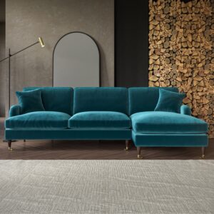 Teal Velvet Right Hand Facing 4 Seater Chaise Corner Sofa - Payton