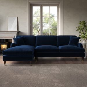 Navy Velvet Left Hand Facing 4 Seater Chaise Corner Sofa - Payton