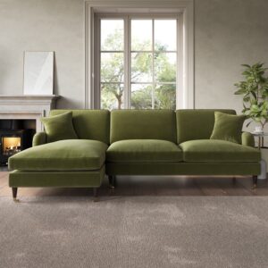 Olive Green Velvet Left Hand Facing 4 Seater Chaise Corner Sofa - Payton