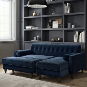 Right Hand Chaise Corner Sofa with Footstool Set in Navy Velvet - Idris
