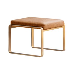 Small Tan Leather Footstool with Gold Legs - Fabien