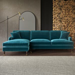 Teal Velvet Left Hand Facing 4 Seater Chaise Corner Sofa - Payton